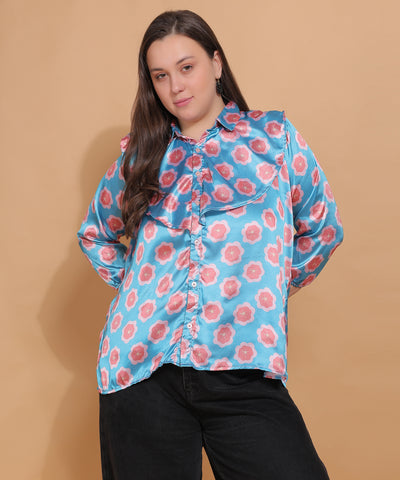 Blue Floral Shirt with Statement Collar