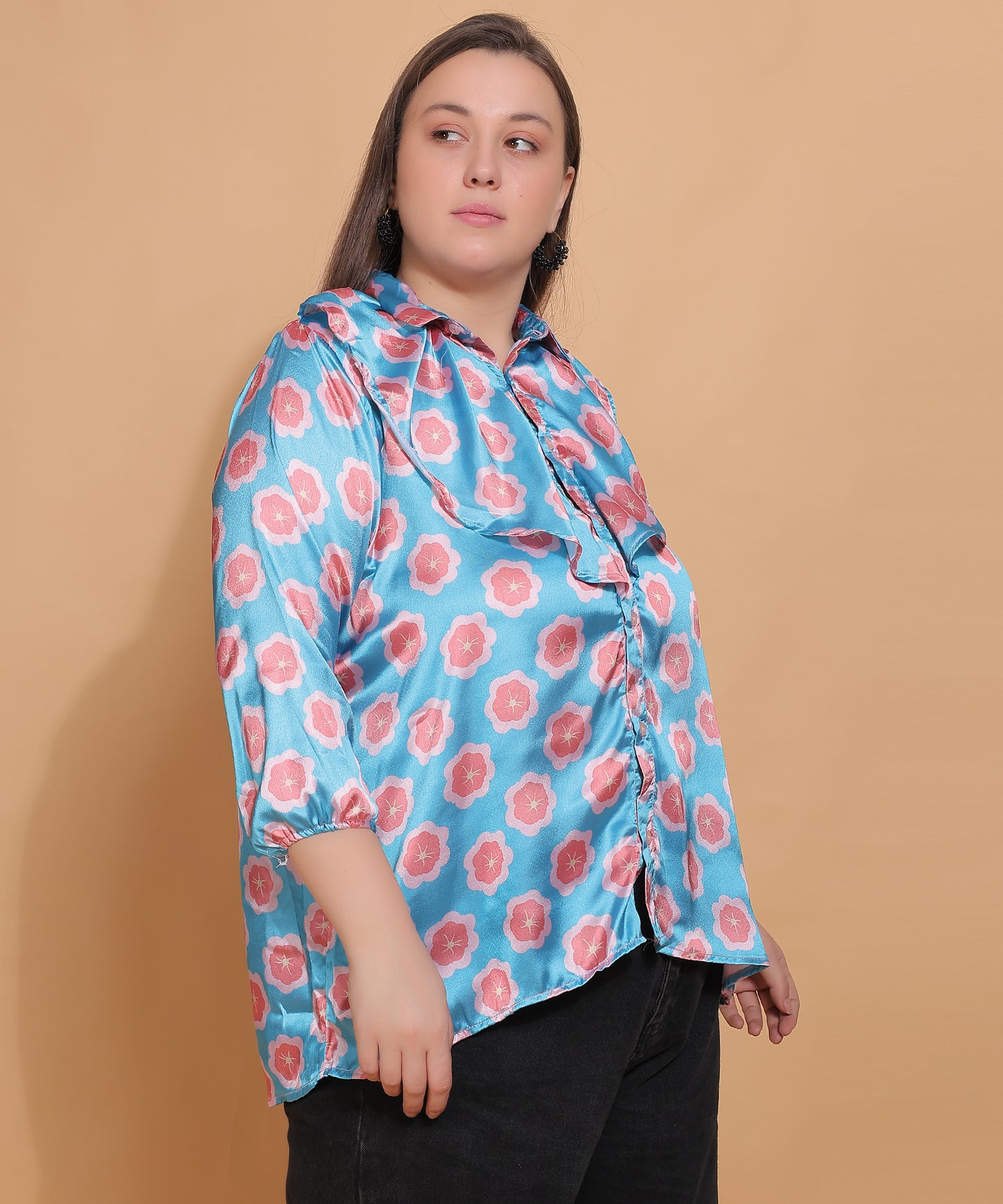 Blue Floral Shirt with Statement Collar