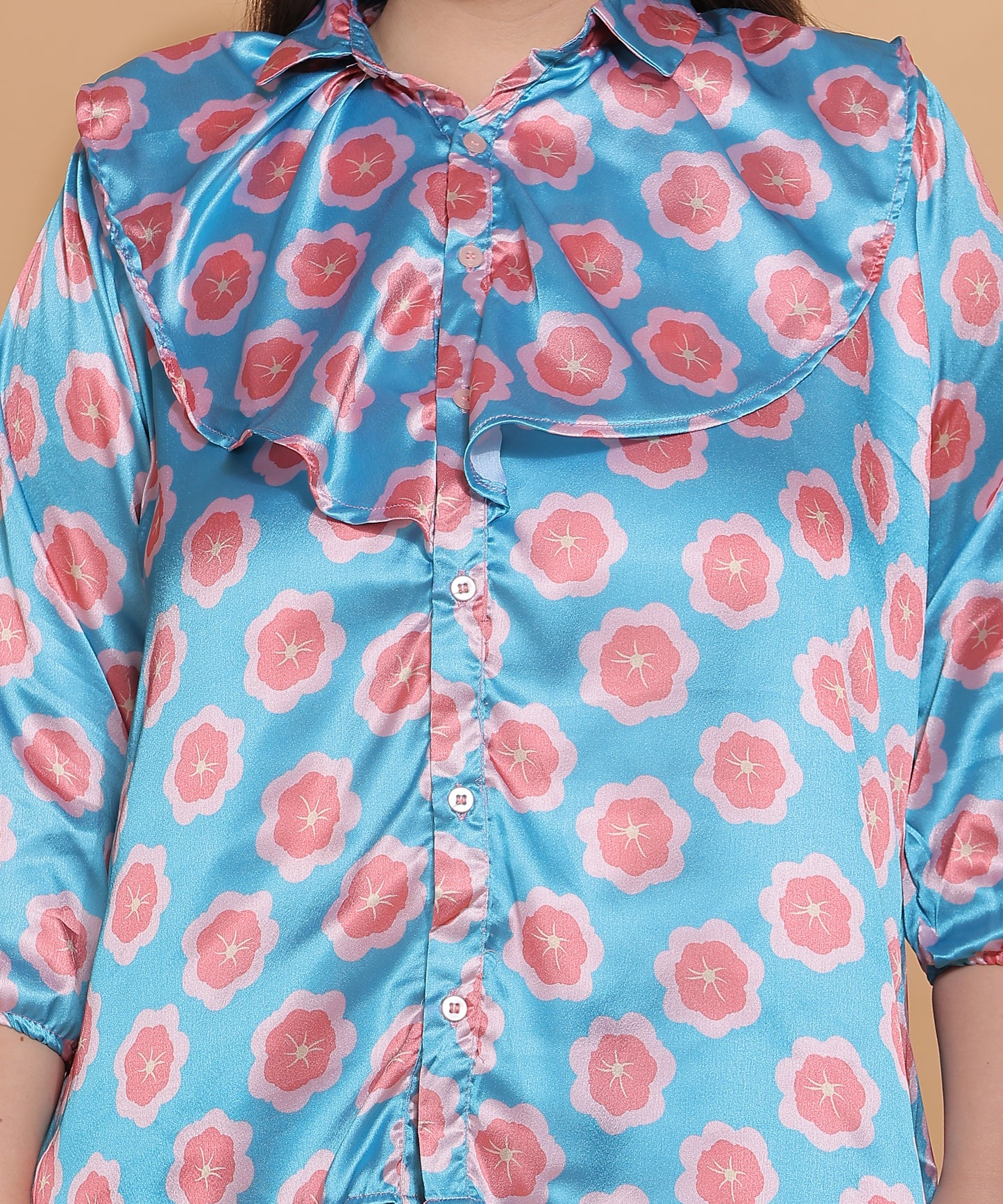 Blue Floral Shirt with Statement Collar