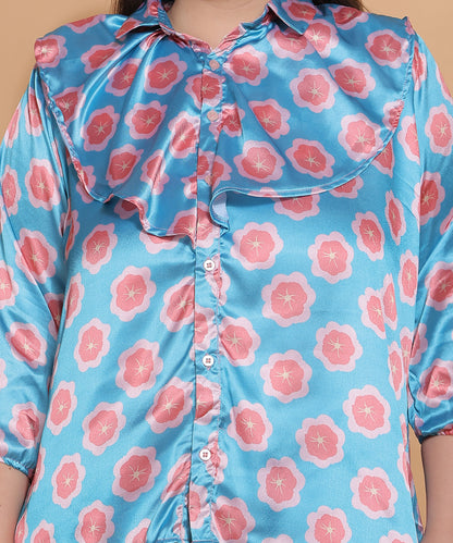Blue Floral Shirt with Statement Collar