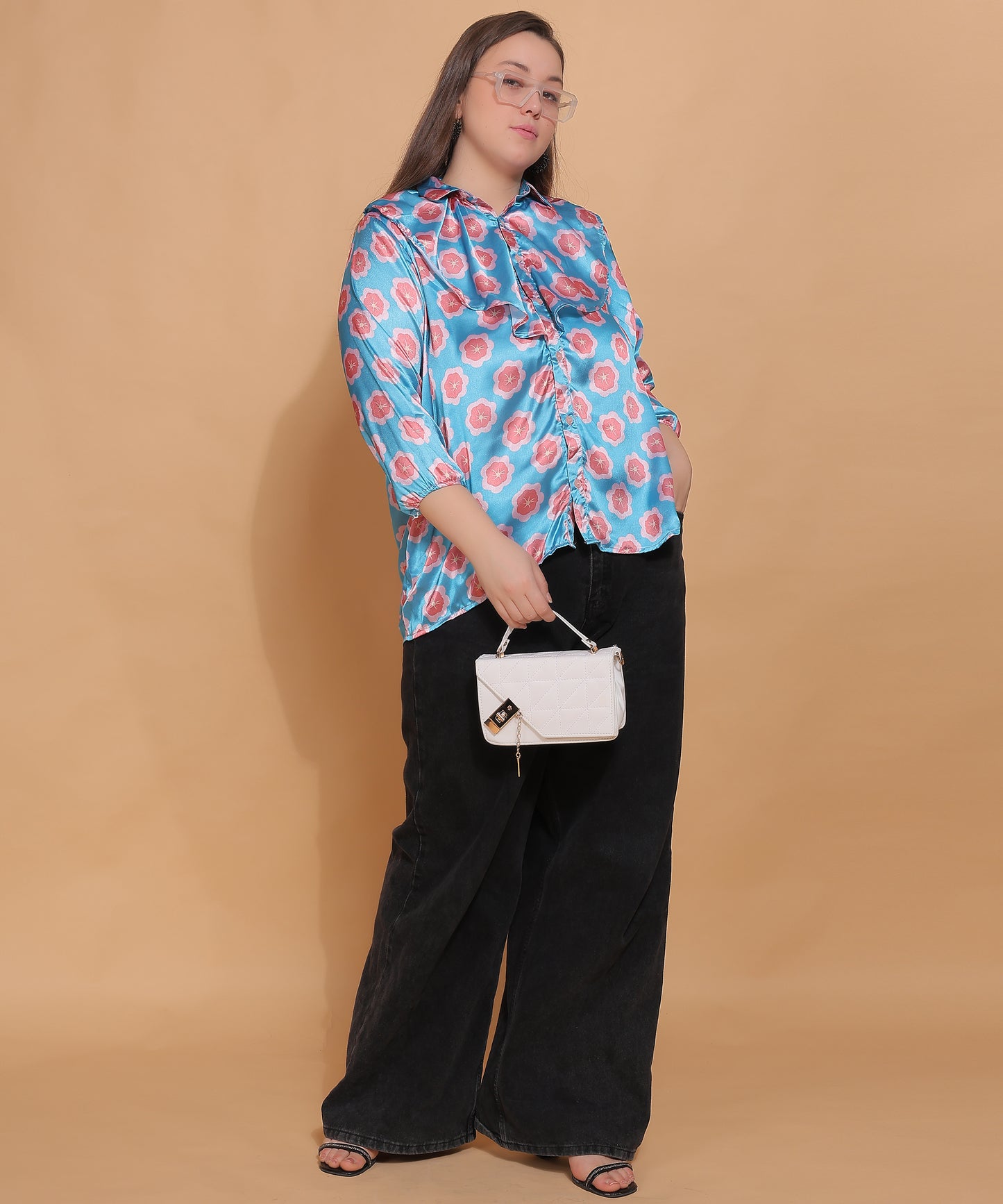 Blue Floral Shirt with Statement Collar