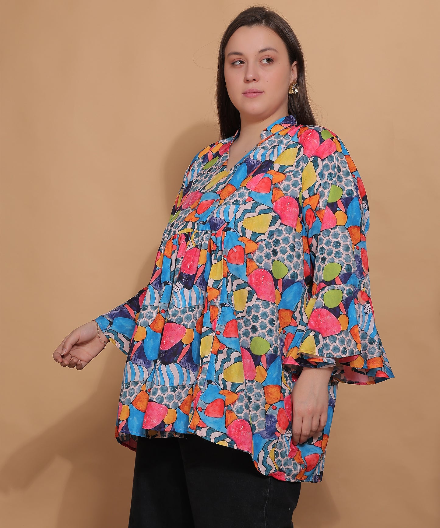 Abstract Print Bell Sleeve Top – Multicolor Abstract