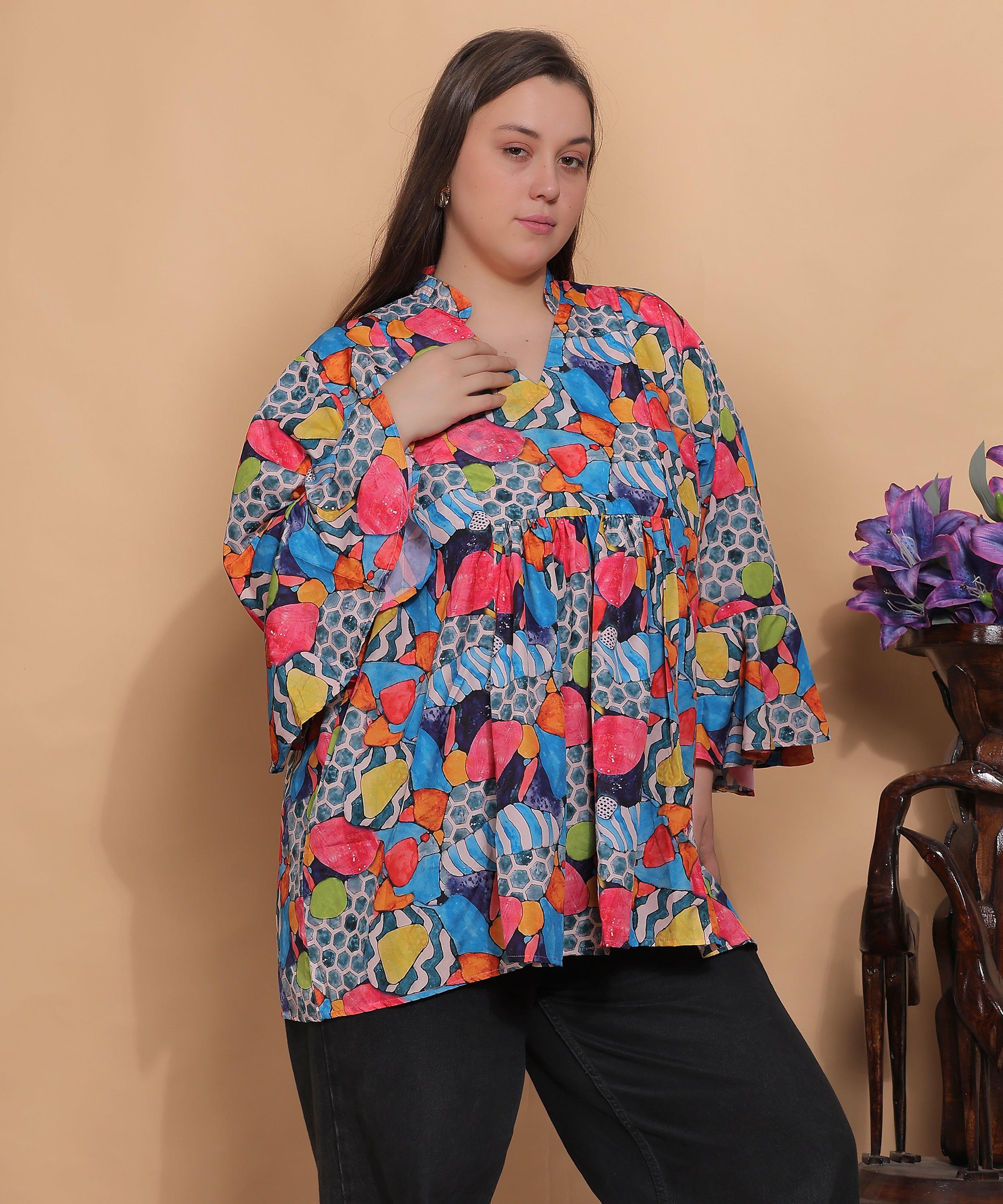 Abstract Print Bell Sleeve Top – Multicolor | Curves by Karaa