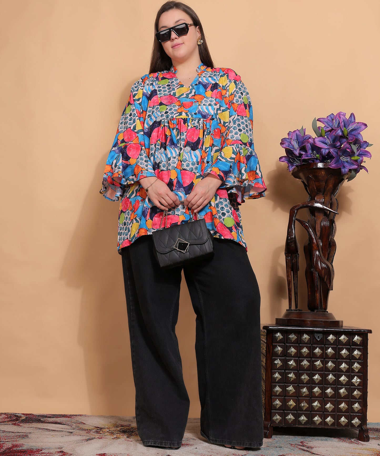 Abstract Print Bell Sleeve Top – Multicolor Abstract