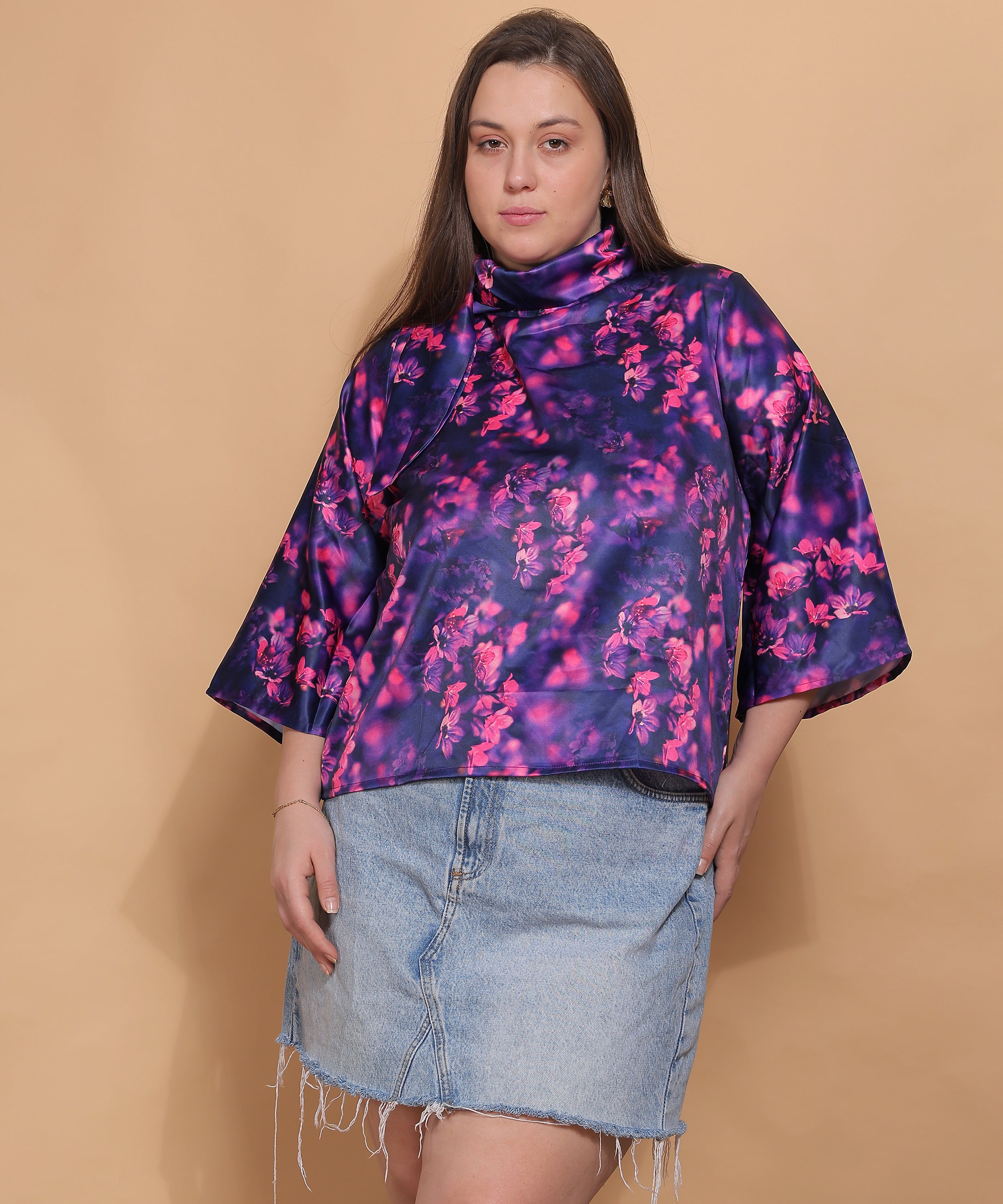 Twilight Bloom Satin Scarf Top – Purple Pink | Curves by Karaa