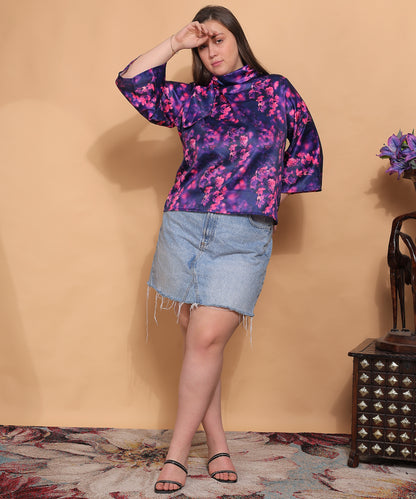 Twilight Bloom Satin Scarf Top – Purple & Pink