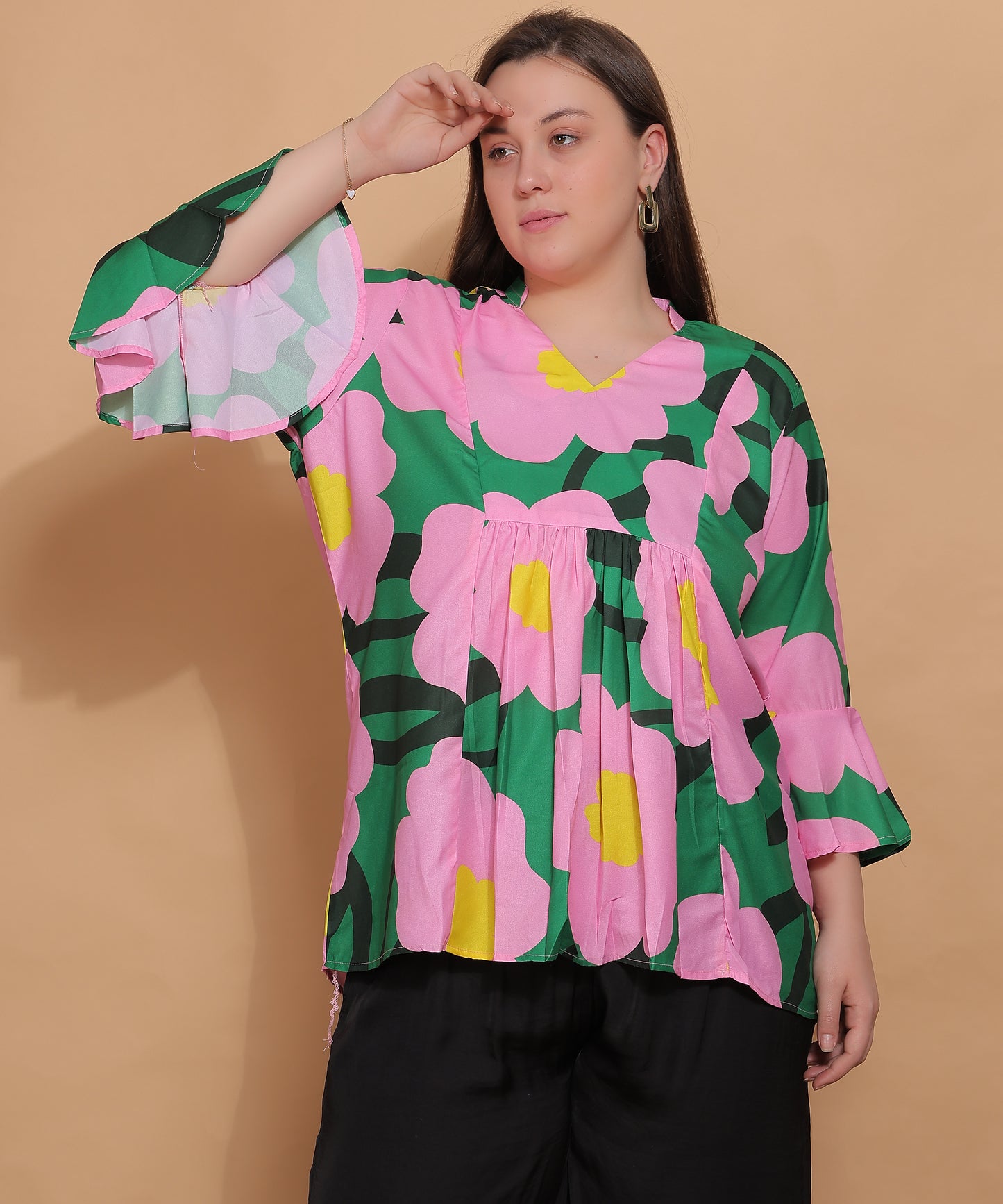 Tropical Petals Bell Sleeve Top – Pink & Green Pop