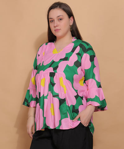 Tropical Petals Bell Sleeve Top – Pink & Green Pop
