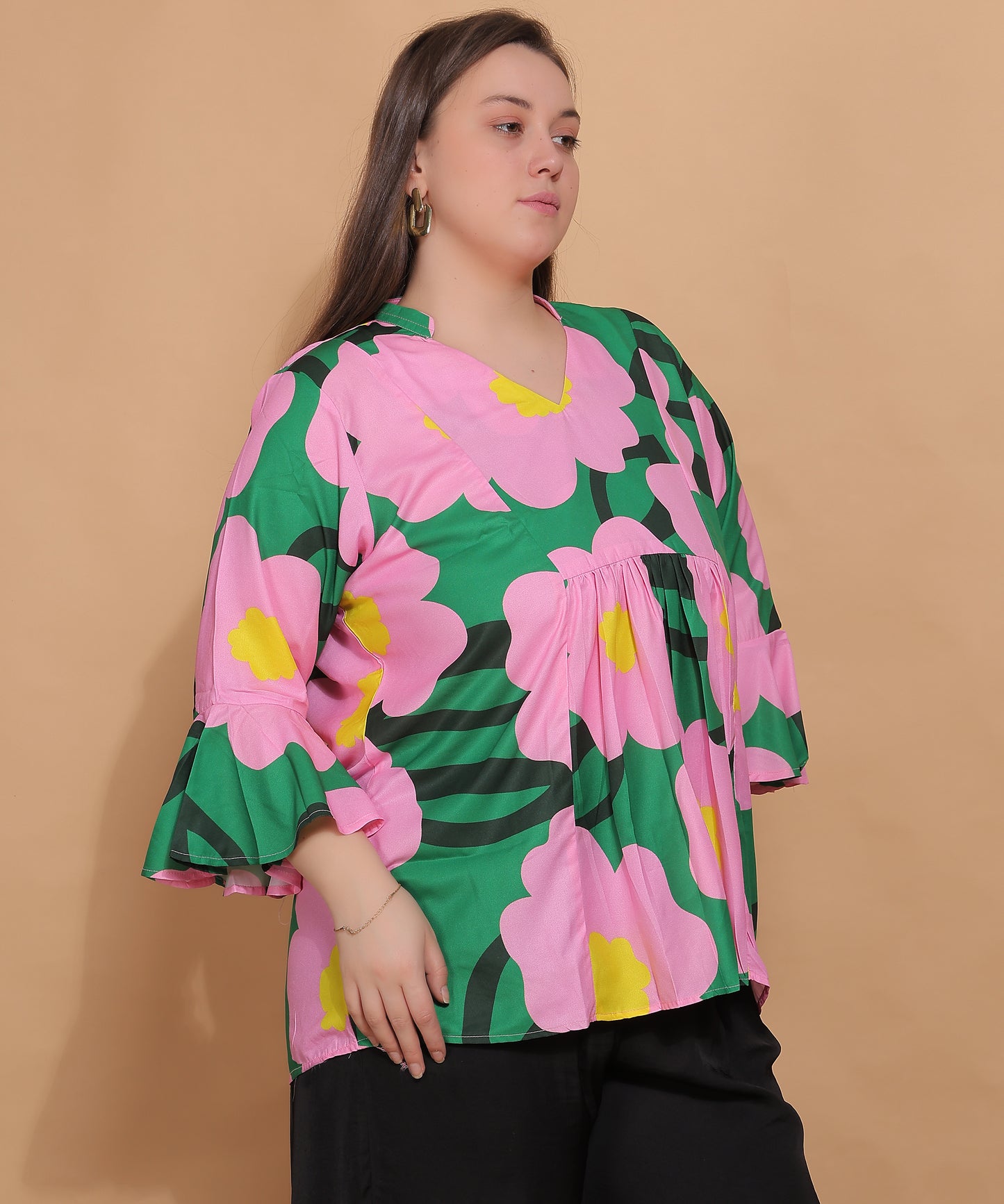 Tropical Petals Bell Sleeve Top – Pink & Green Pop