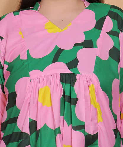Tropical Petals Bell Sleeve Top – Pink & Green Pop