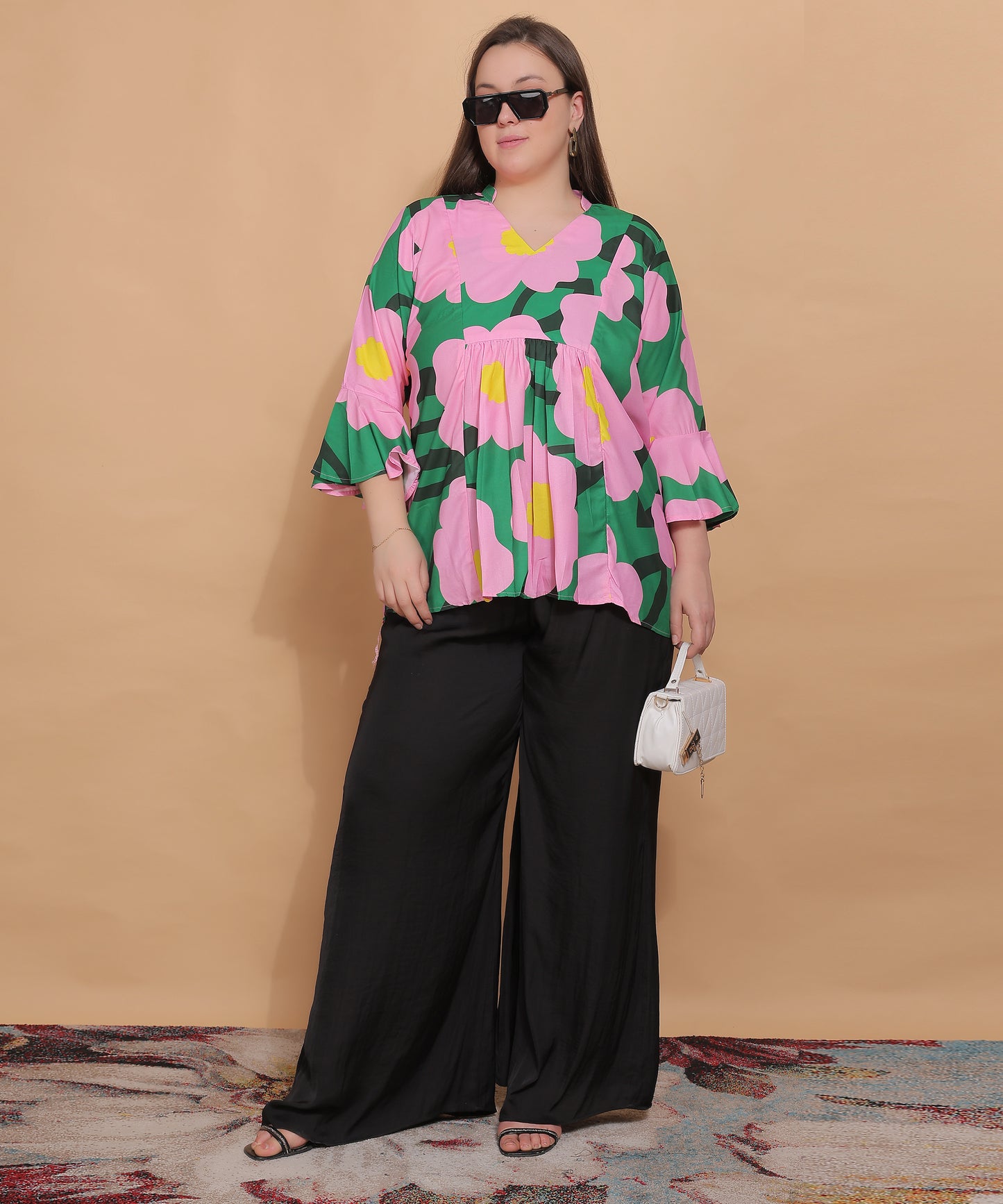 Tropical Petals Bell Sleeve Top – Pink & Green Pop